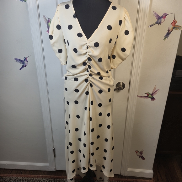 New Day Poka Dot Ruched Puff Sleeve Midi Dress Cream Size: M - Picture 3 of 8